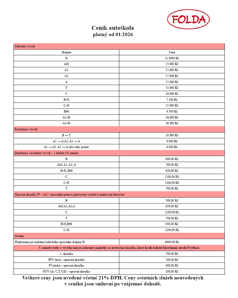 Ceník služeb AUTOŠKOLA Raspenava